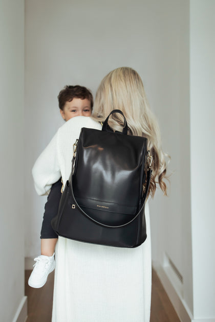 Mia + Sophia Leather Diaper Bag Backpack with Changing Pad, Stroller Straps, Bottle Holder (Black Sophia) Medium